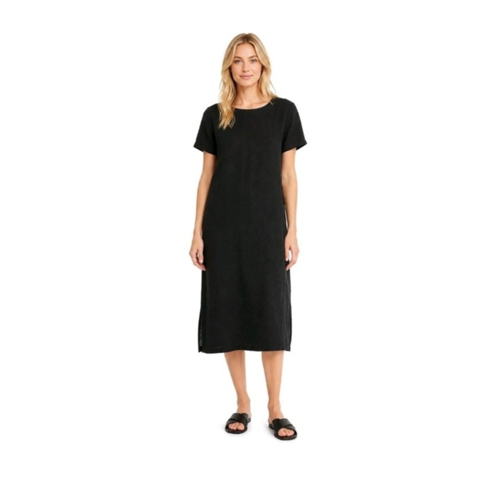 Becasa Black 100% Linen Lagenlook Short Sleeve Midi Shift‎ Dress Womens Medium